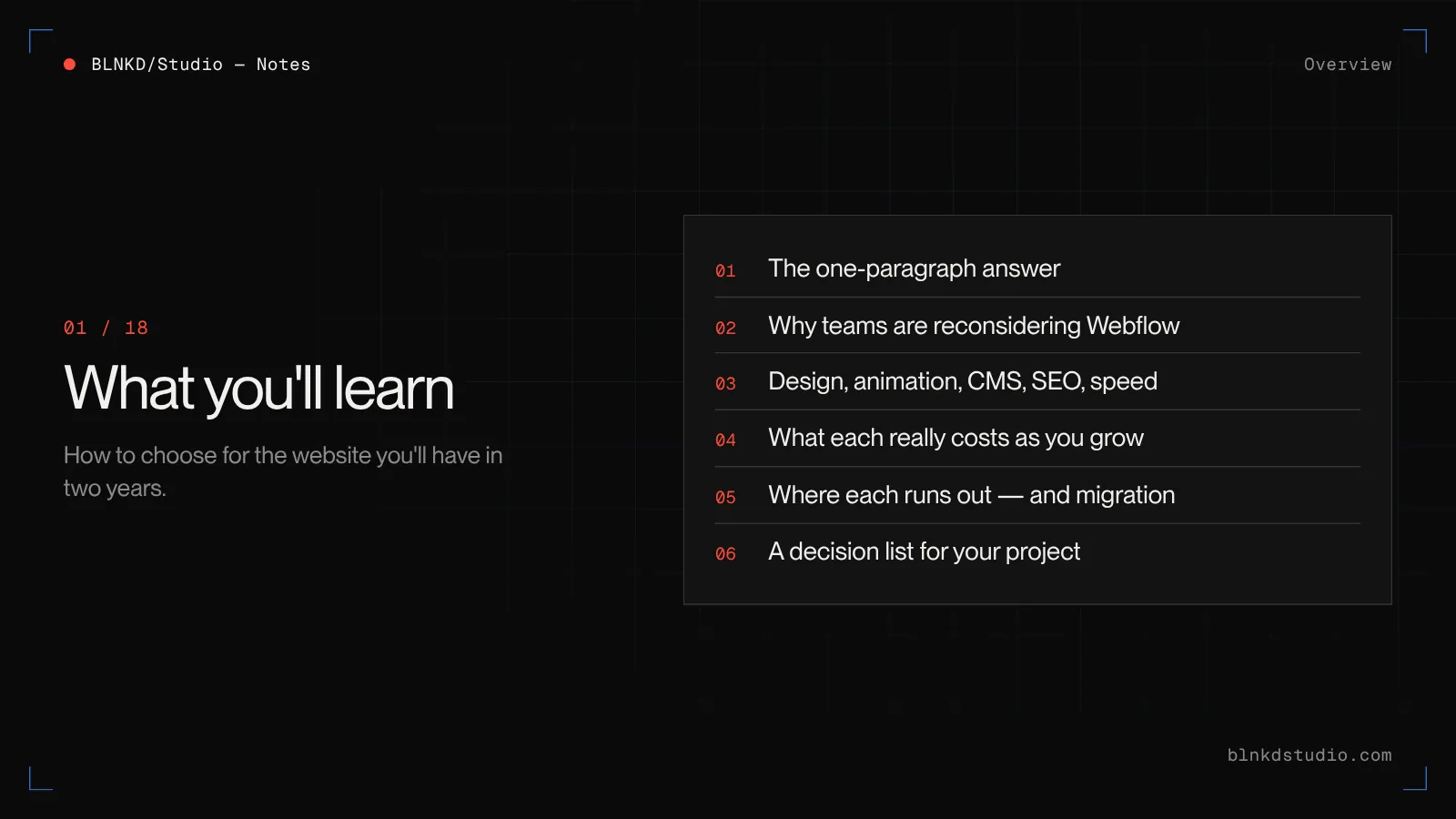 Overview of this guide: the short answer, why teams are reconsidering Webflow, design, animation, CMS, SEO, cost, scaling limits, migration and a decision list