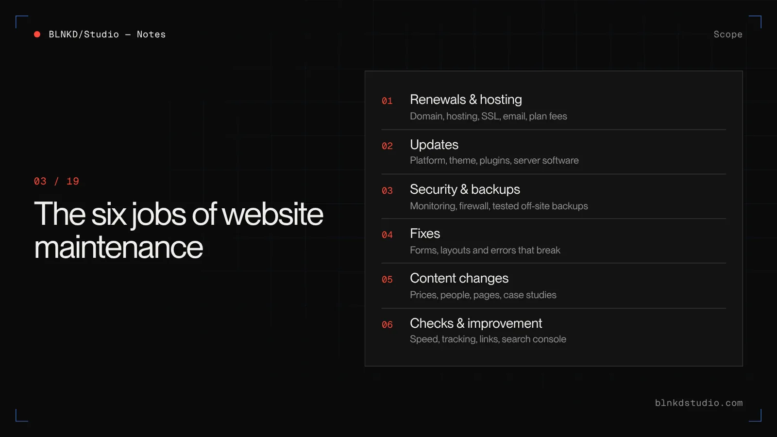 The six jobs of website maintenance: renewals and hosting, updates, security and backups, fixes, content changes, and checks and improvement