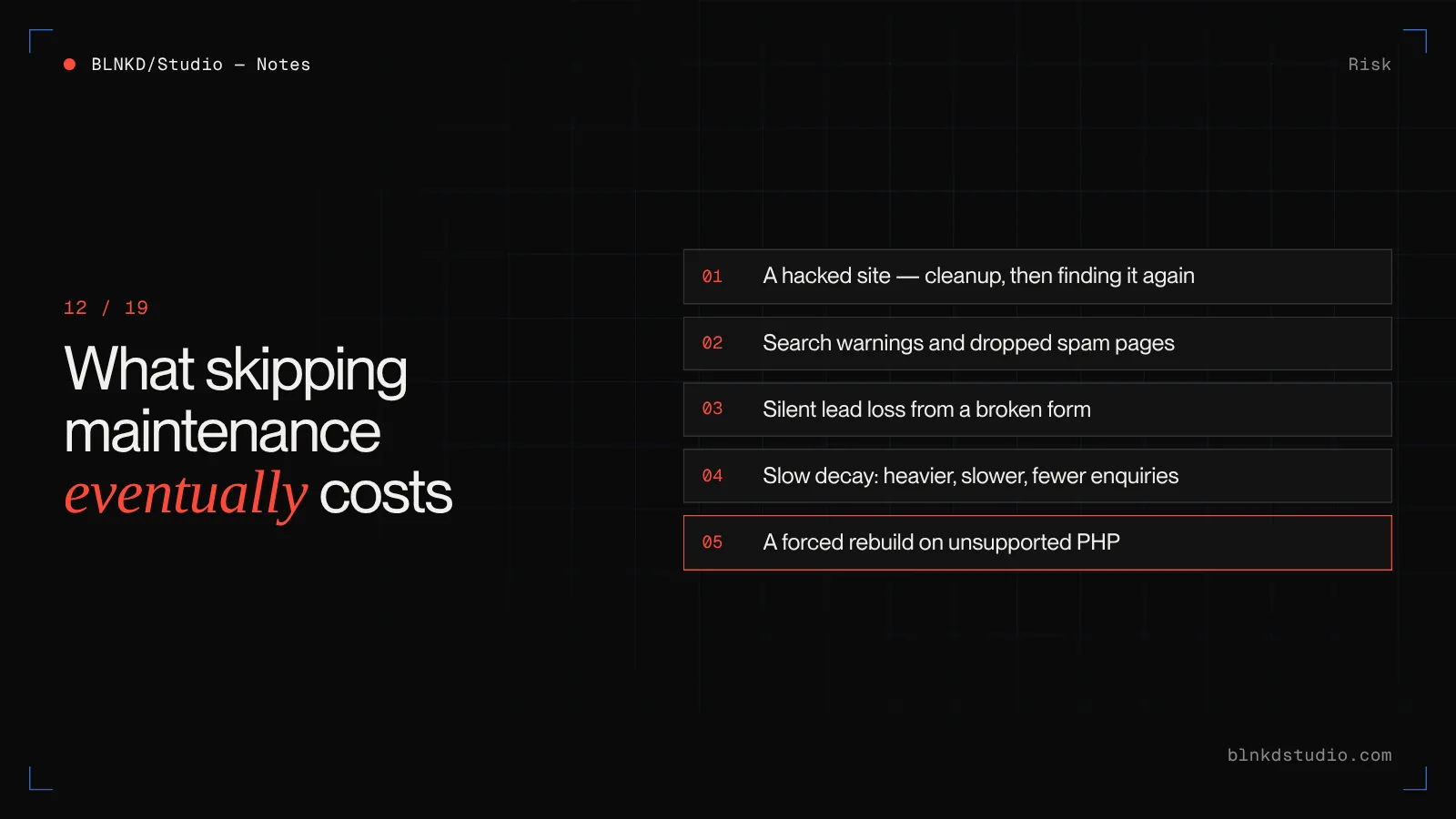 What skipping website maintenance costs: hacked-site cleanup, lost search visibility, silent lead loss from broken forms, a slowly degrading site, and eventually a forced rebuild
