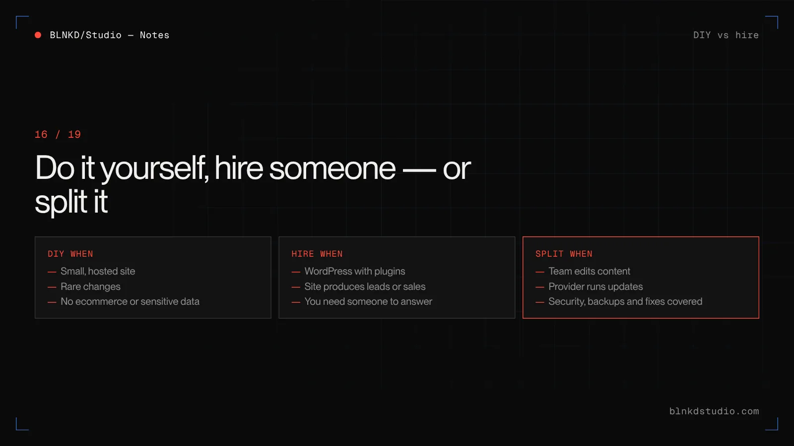 Comparison of doing website maintenance yourself versus hiring a provider, and a split model where the team edits content and a provider handles updates, security and fixes